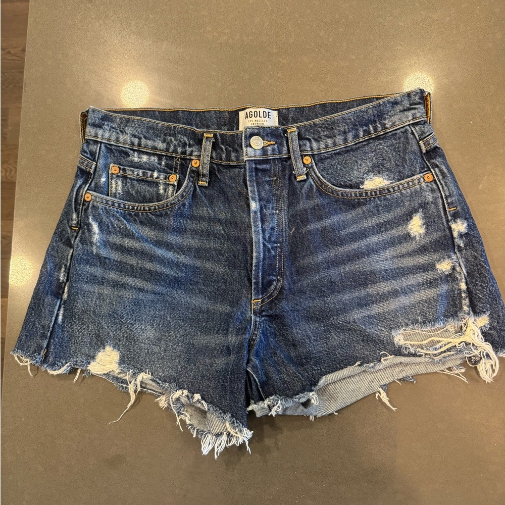 Agolde Blue Distressed Jean Shorts High-Waisted